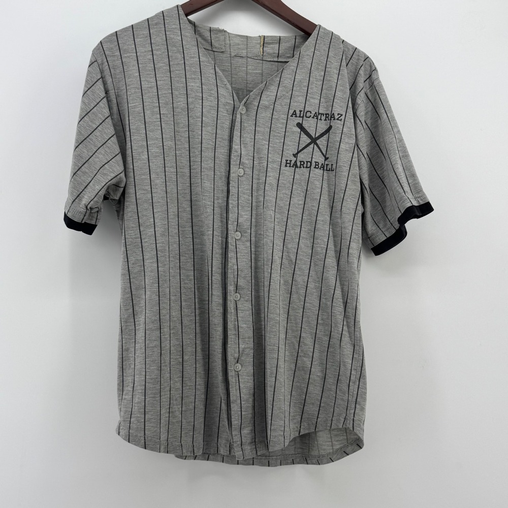 Alcatraz Hard‎ Ball Baseball Jersey Gray Pinstripe Athletic Dept Button Up Top